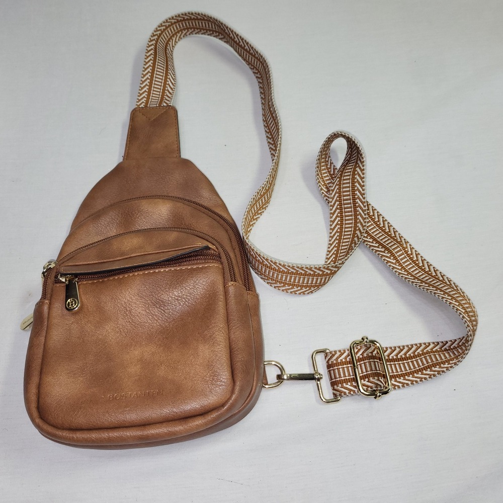 Bostanten Sling Bag Women Small Brown Vegan Leather Patterned Strap